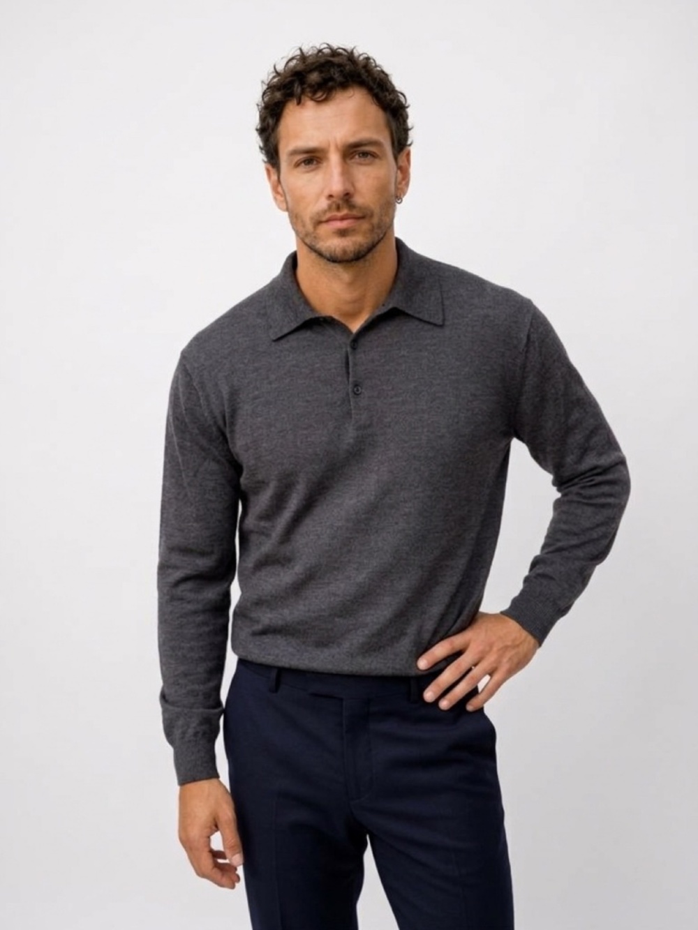 HUGO BOSS Men’s 100% Extra Fine Merino Wool Long Sleeve Polo Sweater Dark Gray L